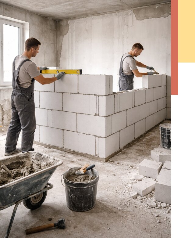 Кладка перегородок из ПГП в Артеме от 2592 руб./м2 — монтаж и возведение под ключ | ОТДЕЛОЧНИК-Арт