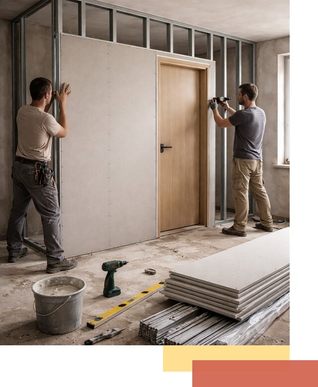 Перегородка из гипсокартона с дверью под ключ в Артеме