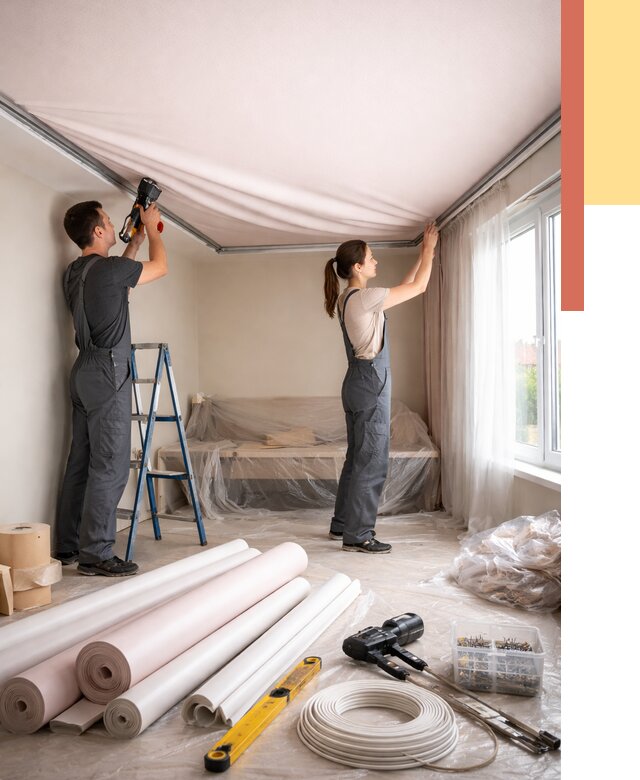 Монтаж цветного натяжного потолка в Артеме от 4354 руб/м² — быстро и недорого | ОТДЕЛОЧНИК-Арт