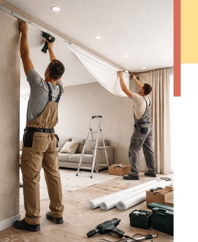 Монтаж натяжного потолка в гостиной в Артеме от 570 руб. | ОТДЕЛОЧНИК-Арт