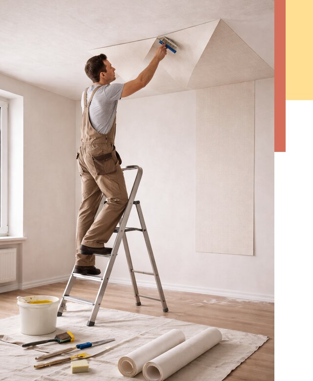 Поклейка обоев на потолок в Артеме от 4665 руб. быстро и недорого | ОТДЕЛОЧНИК-Арт